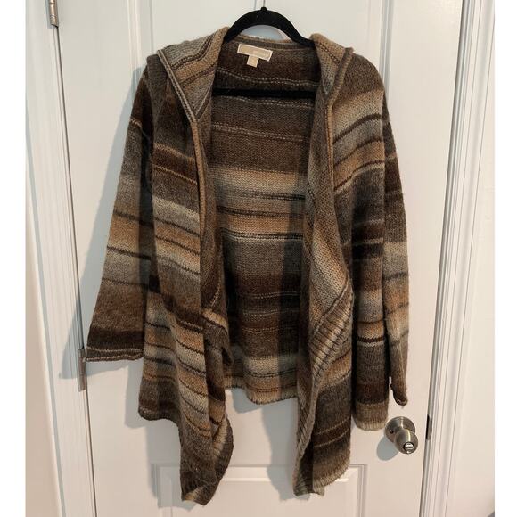MICHAEL KORS Striped Hooded Poncho Style Cardigan Sweater Brown Women's Small - Picture 1 of 6